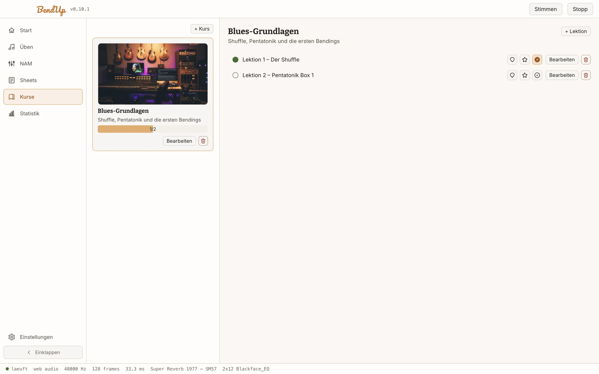 Kurse-Screen: Kurskarte mit Titelbild und Fortschrittsbalken, rechts die Liste der Lektionen