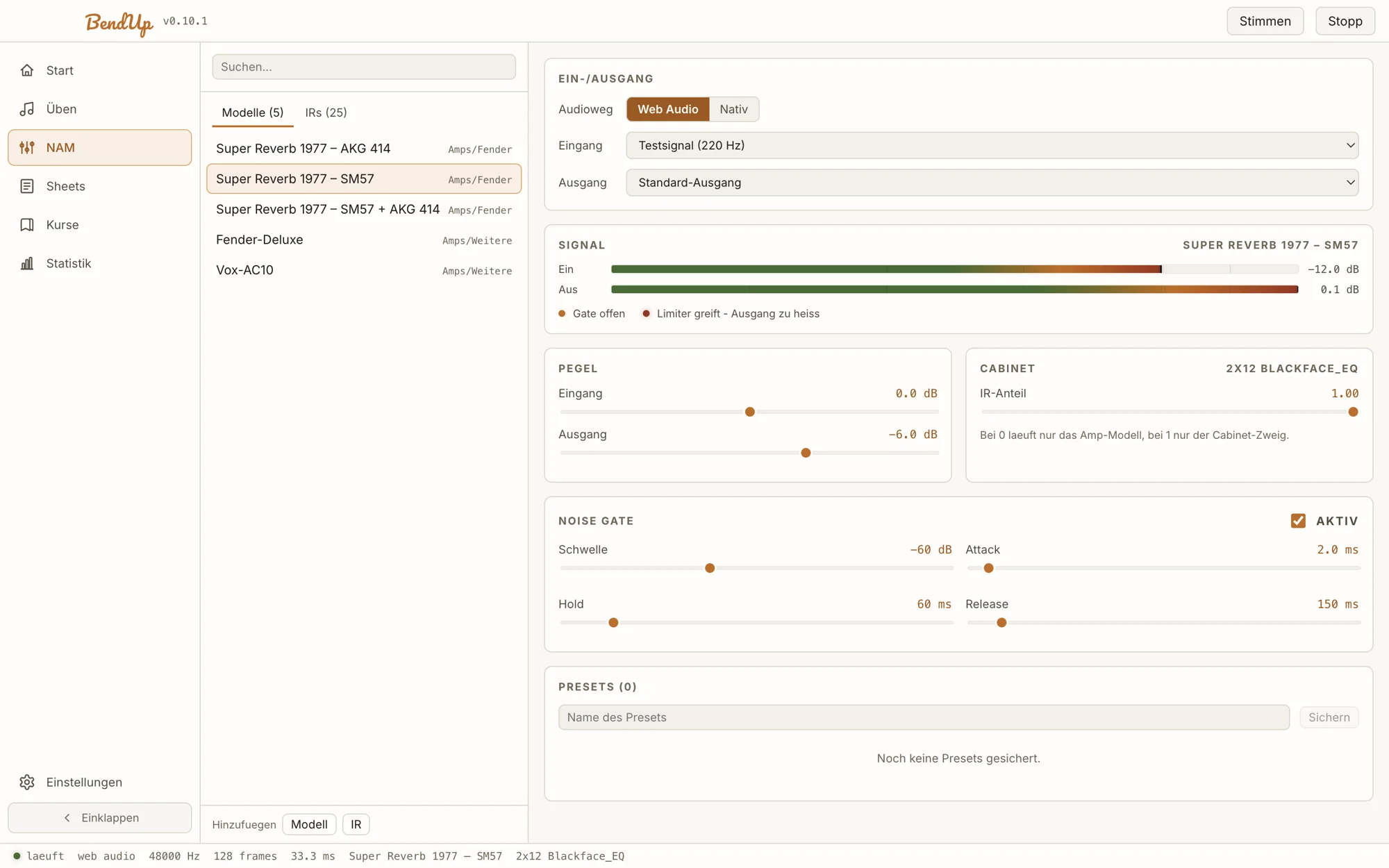 NAM-Screen: Modellliste links, rechts Ein- und Ausgang, Pegelanzeigen, Cabinet, Noise Gate und Presets