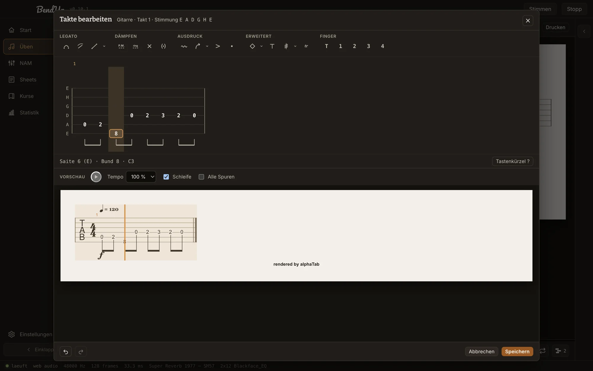 Tab-Editor im dunklen Farbmodus