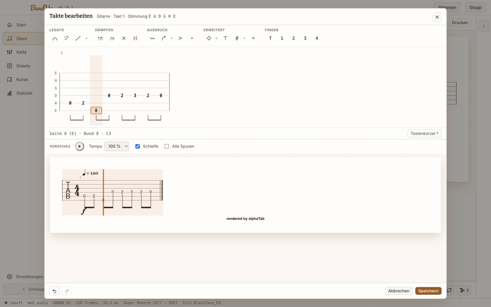 Tab-Editor: Werkzeugleiste mit Techniken, Tab-Raster mit Cursor, darunter die Vorschau im Notensatz